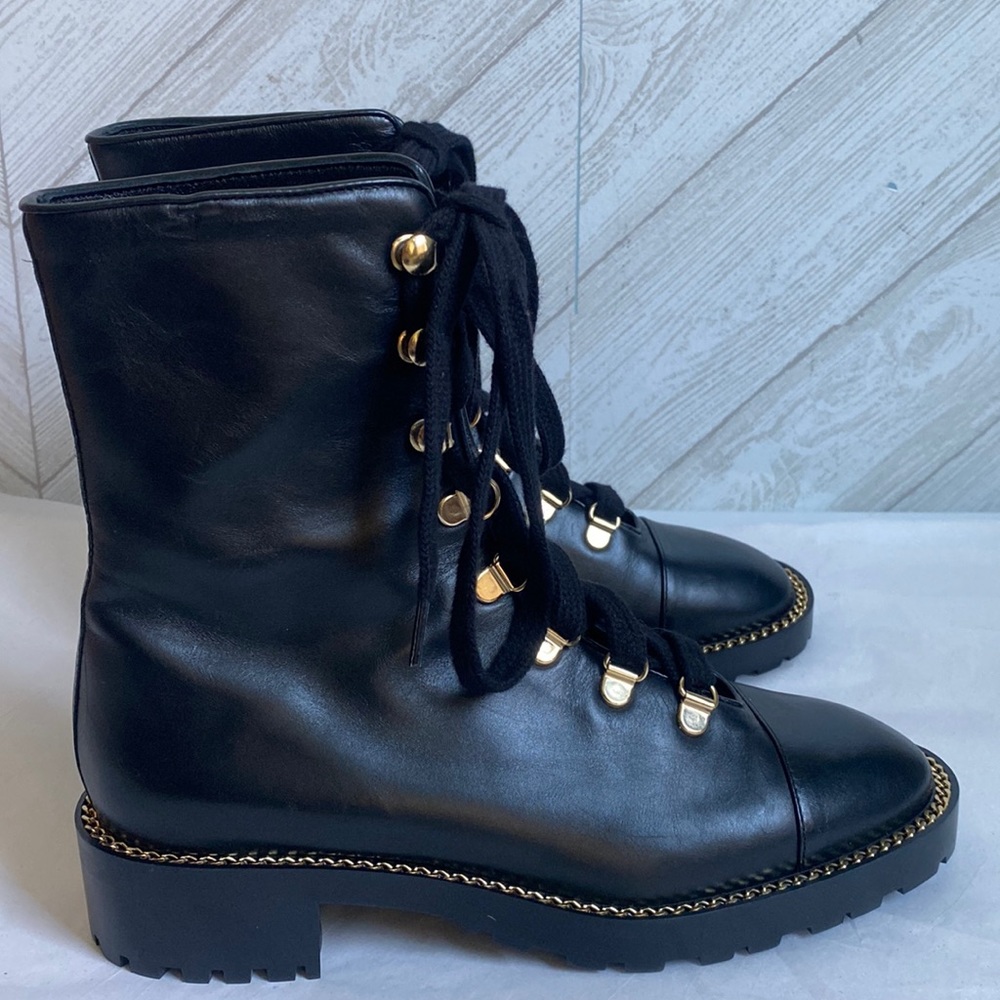 Stuart Weitzman Black Leather Combat Boots with Gold Hardware